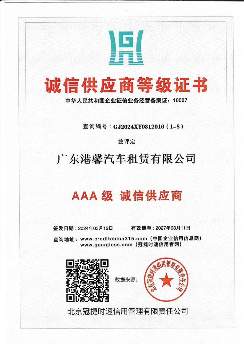 AAA級(jí)誠信供應(yīng)商證書